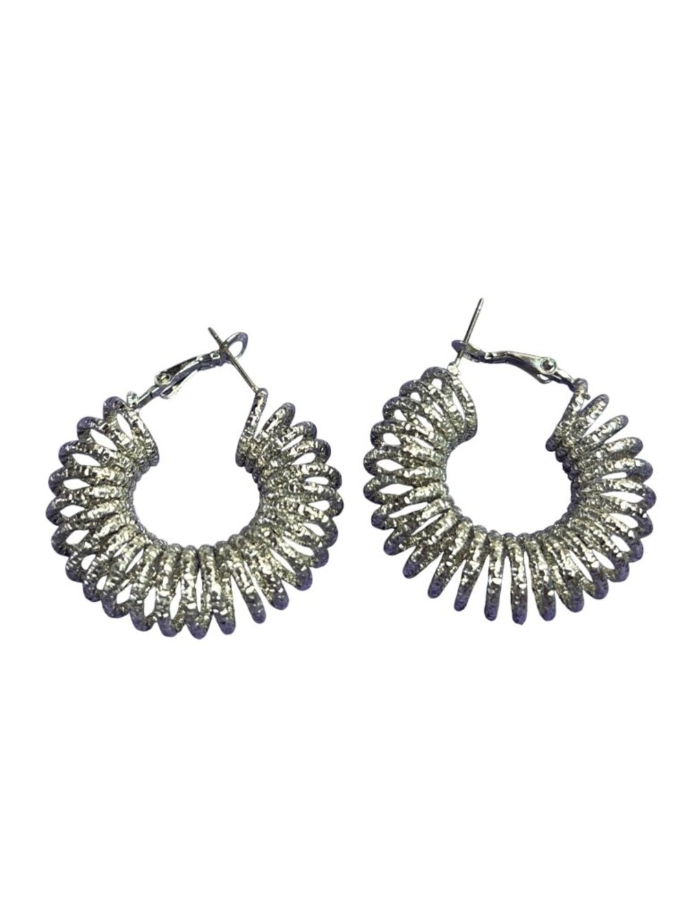 Silvertone Textured Coil Hoop Earrings 1 3/8 inches